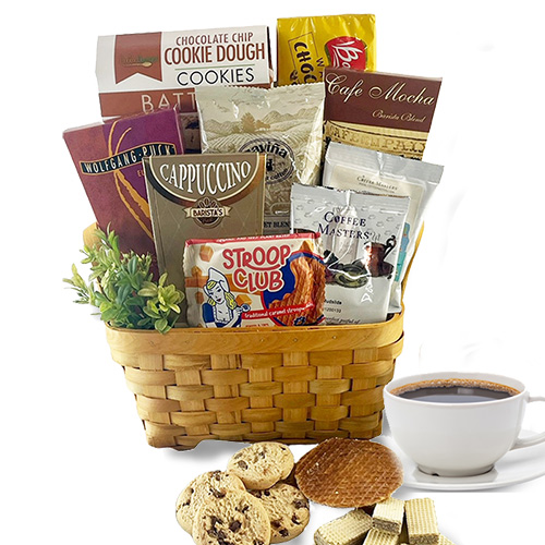 Coffee Rush Coffee Gift Basket with gourmet coffees, heavenly cookies and crunchy brownie bits.
