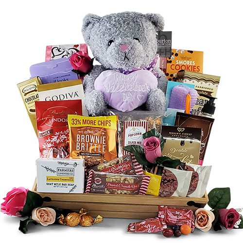 Valentine's Day Gift Arrangement Teddy Bear Baskets, Flowers  Candy/Chocolates